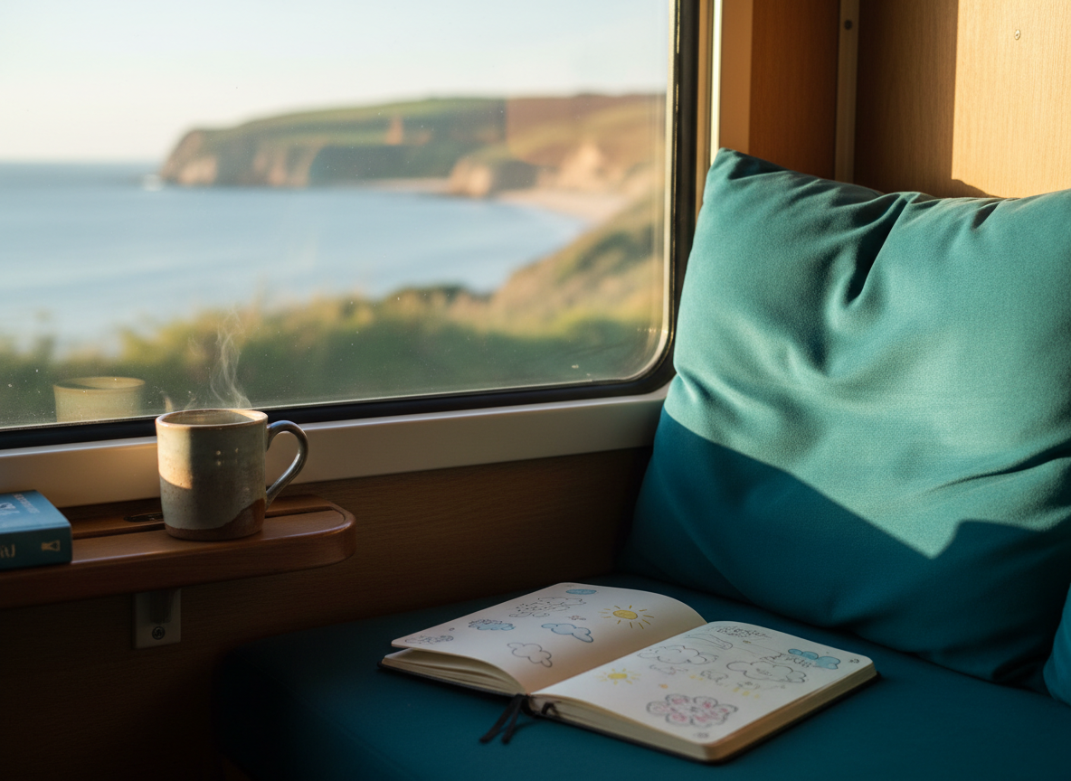 A cozy, light-filled reading nook aboard a modern train, focused on a plush, oversized teal cushion pressed against a wide window. Outside, a softly blurred coastal landscape drifts by, pastel blues and muted greens blending into a serene backdrop. A small wooden ledge holds a steaming stoneware mug and an open, dog-eared travel journal with doodled clouds. Late-afternoon golden light pours through the glass, creating gentle reflections and elongated shadows across the fabric’s velvety texture. Photographic realism with a playful, calming mood, captured at eye level with a shallow depth of field so the cushion and window frame are crisp while the passing scenery melts into creamy bokeh, evoking slow, mindful travel.