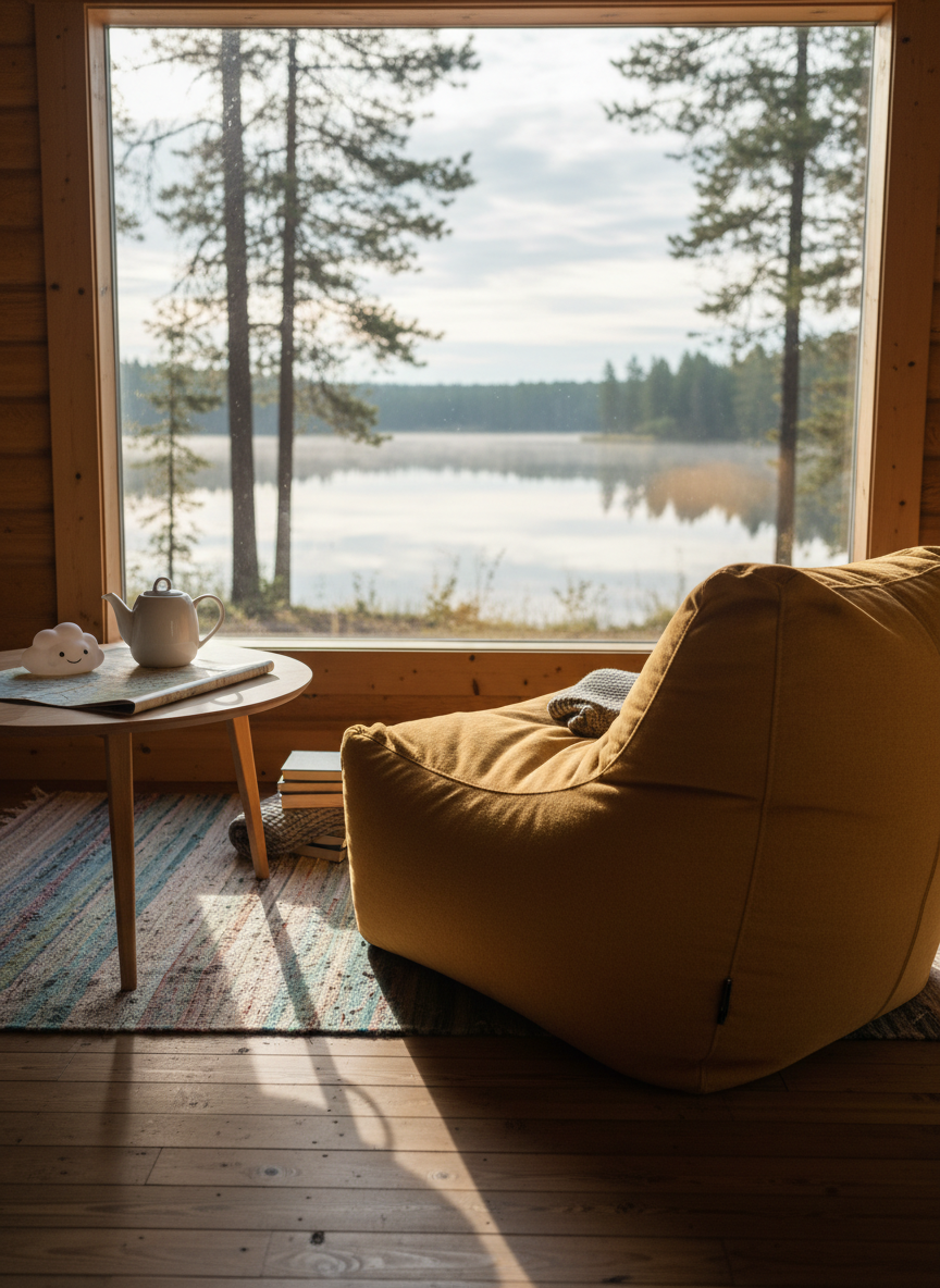 A serene lakeside cabin interior with a focus on a squishy, oversized mustard-yellow beanbag chair facing a panoramic window. Beyond the glass, a mirror-still lake reflects pine trees and a pale morning sky, rendered in soft focus. A low, round birchwood table holds a ceramic teapot, a small map, and a tiny rubber cloud figurine, adding a playful touch. Gentle early-morning light spills in, wrapping everything in a quiet glow and casting feathery shadows across the wooden floorboards. Photographic realism with a calm, cozy mood, captured from a wide-angle, slightly low perspective to emphasize the beanbag’s inviting volume and the expansive, tranquil view beyond.