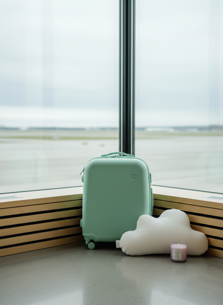A minimalist airport corner transformed into a calm retreat, centered on a soft, rounded mint-green suitcase with rubbery, squishy edges leaning against a pale wooden wall. Beside it rests a cloud-shaped travel pillow and a small lavender-scented candle in a frosted glass jar, unlit. Large floor-to-ceiling windows reveal an out-of-focus runway bathed in diffused overcast light, with muted silvers and blues keeping the scene quiet. Photographic realism with a playful, modern aesthetic, shot from a slightly elevated angle. The polished concrete floor reflects the suitcase’s gentle curves, while subtle natural light creates soft highlights and almost no harsh shadows, suggesting a peaceful, unhurried start to a journey.